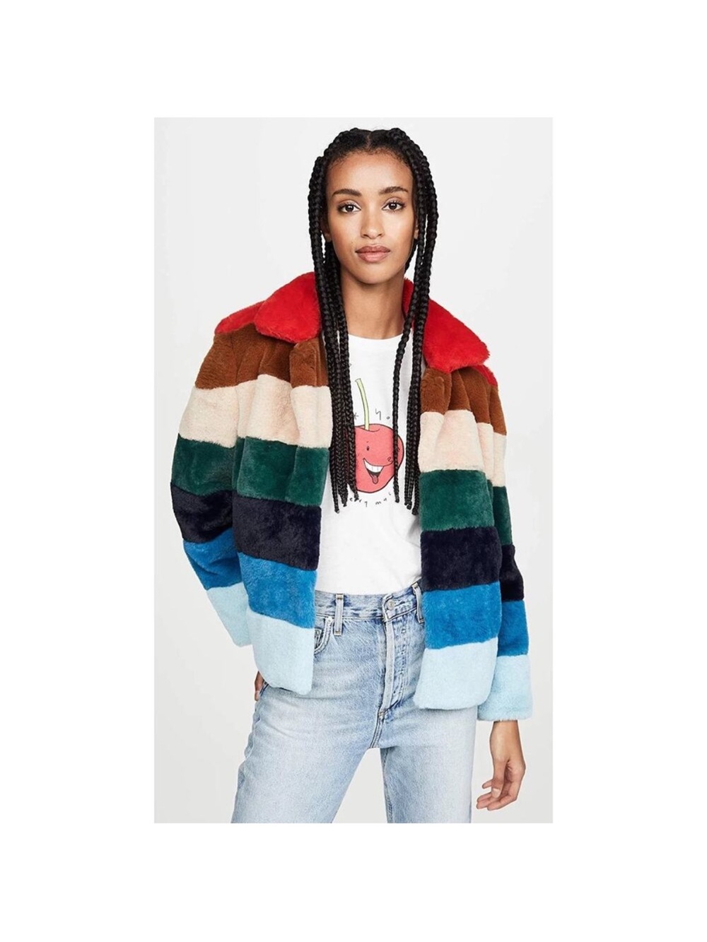 Blank NYC Multicolor Stripe Faux Fur Jacket with Red Collar
